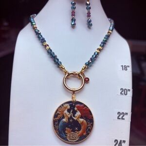 Artisan Handmade Gold Blue Pisces Mermaid Zodiac Coin Reversible Necklace Set